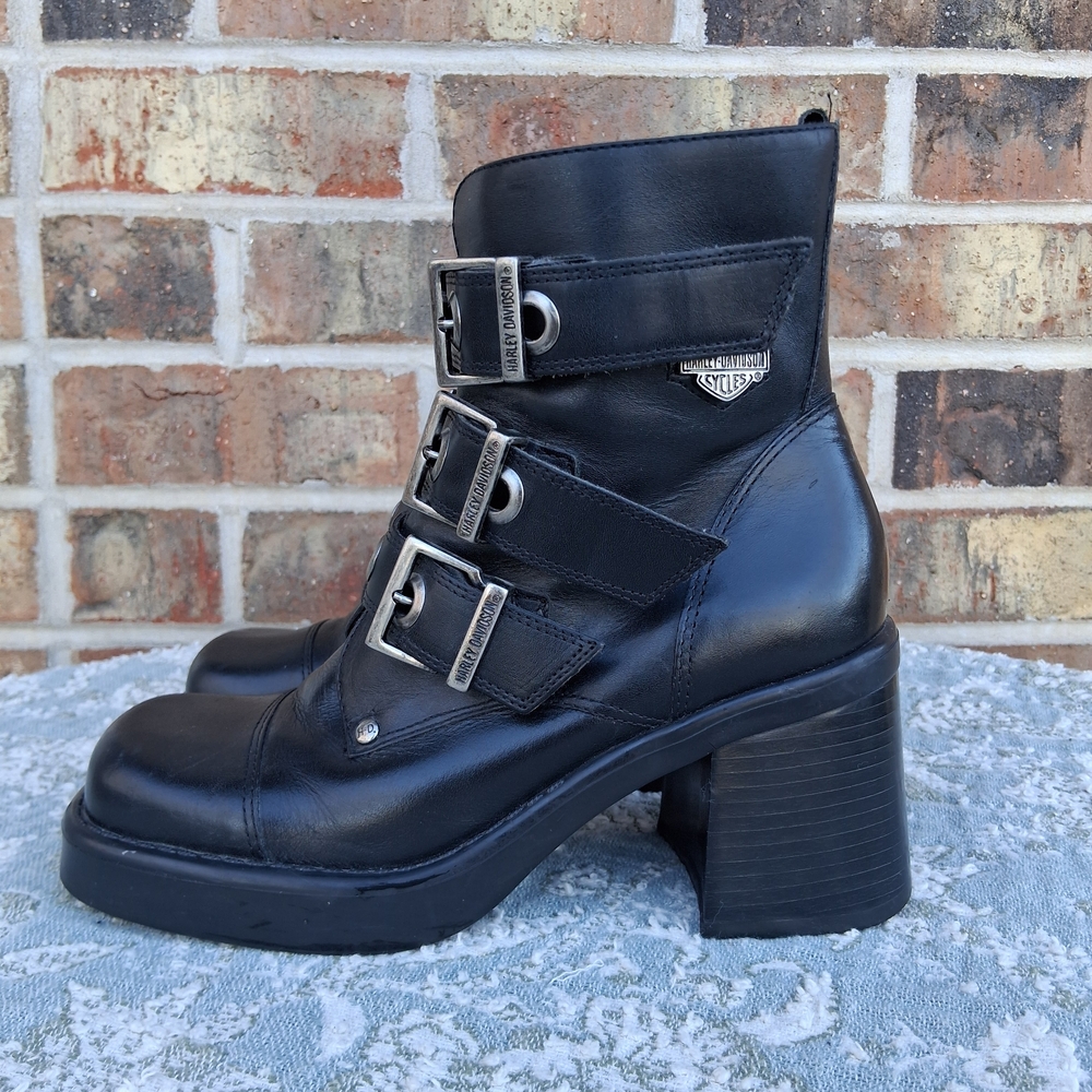 Harley-Davidson Black Leather Moto Combat Boots Sz 5 Biker-Chic Grunge Gothic - Picture 4 of 16